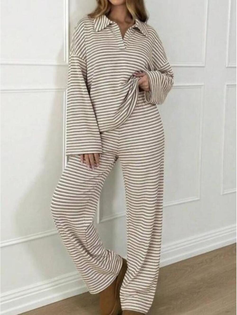 Cream Brown Striped Two Piece Matching Set Size XL